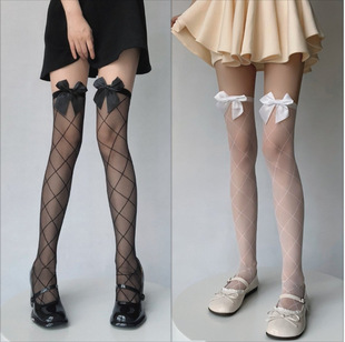 Cross-border bow knee-high white stockings for children pure black silk anti-hook silk spring and autumn thigh stockings