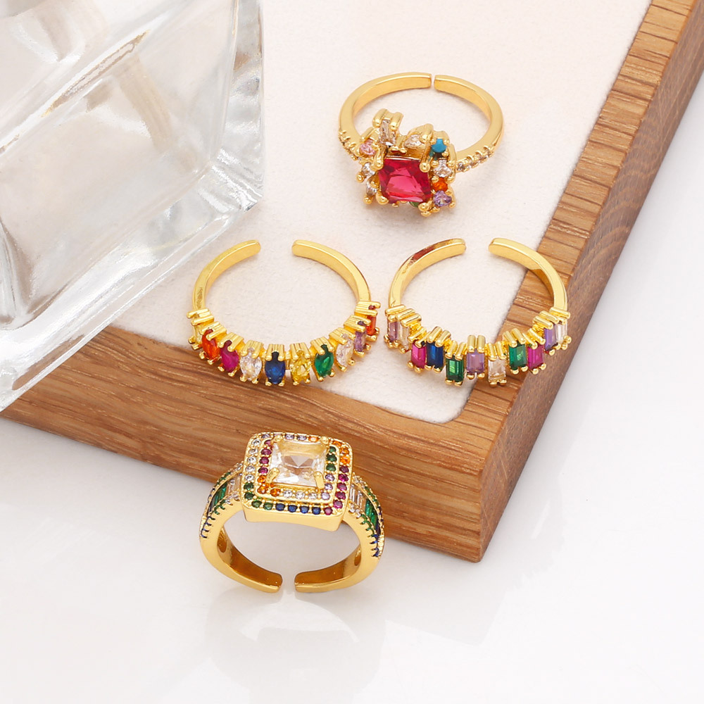 Fashion Colorful Zircon Female Rainbow Geometric Irregular Copper Ring