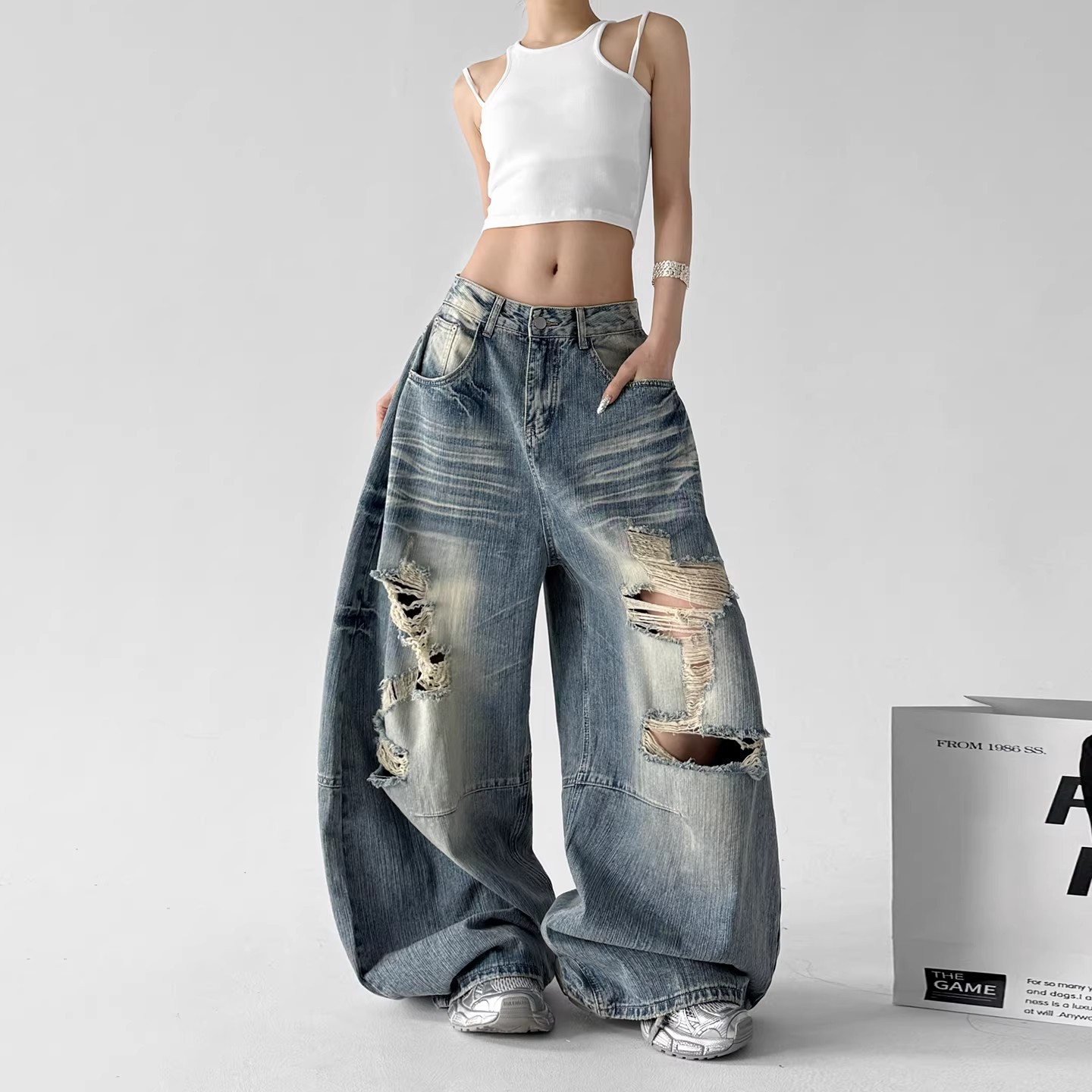 Women's Dark Blue Ripped Wide Leg Jeans Slimming Street Style Floor Length Pants Summer New Design_mkmklike.com
