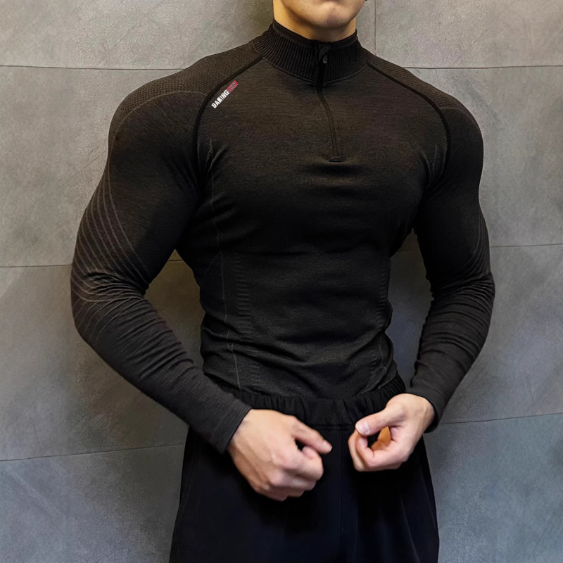 Elastic Quick-Drying Seamless Jacquard Fitness Clothing, Long-Sleeved Breathable Slim-Fit Casual Half-Zip Training Clothing for Men Elastic Quick-Drying Seamless Jacquard Fitness Clothing, Long-Sleeved Breathable Slim-Fit Casual Half-Zip Training Clothing for Men