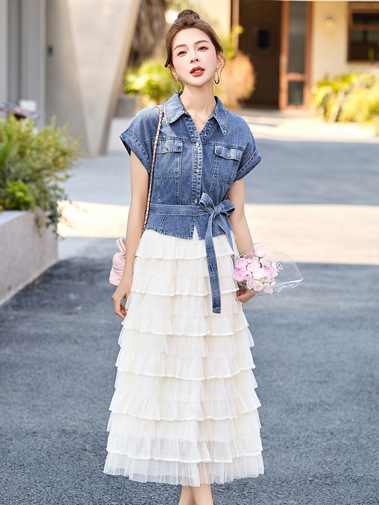 Váy liền denim tay ngắn thắt eo tôn dáng mới mùa hè 2025 YH2666 — Màu như hình