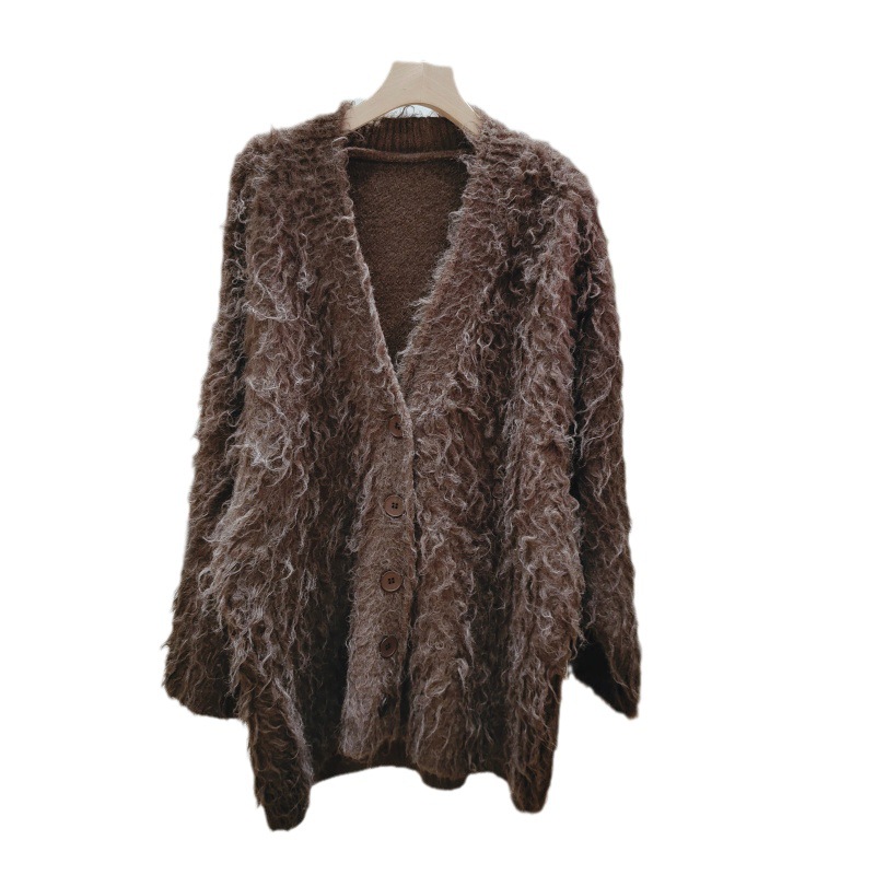 Autumn and winter soft waxy wool knitted cardigan women's new lazy relaxed mink hair medium long sweater coat