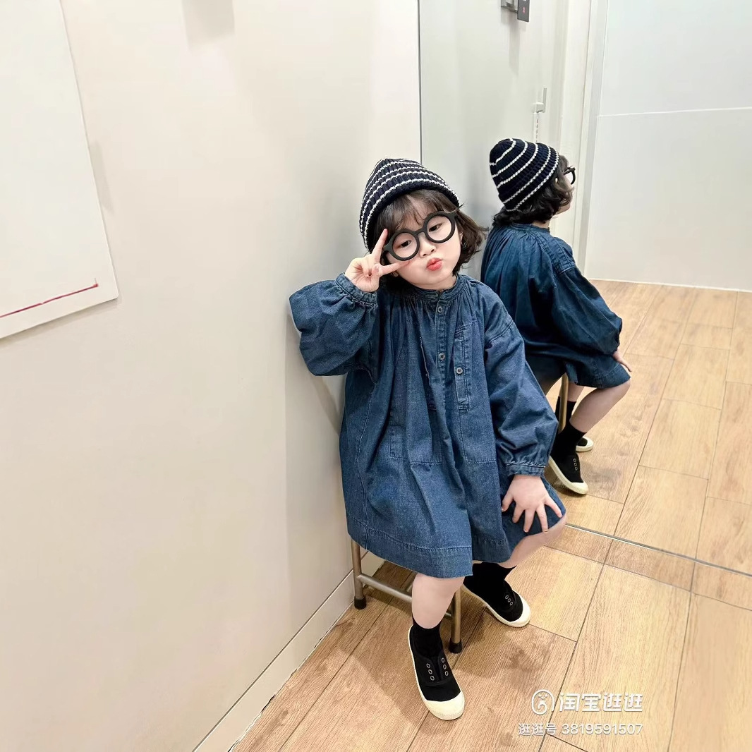 Falda para niñas con cuello alto, vestido de mezclilla lavado con botonadura sencilla, nueva colección de primavera y otoño, suministro de ropa infantil para comercio exterior.