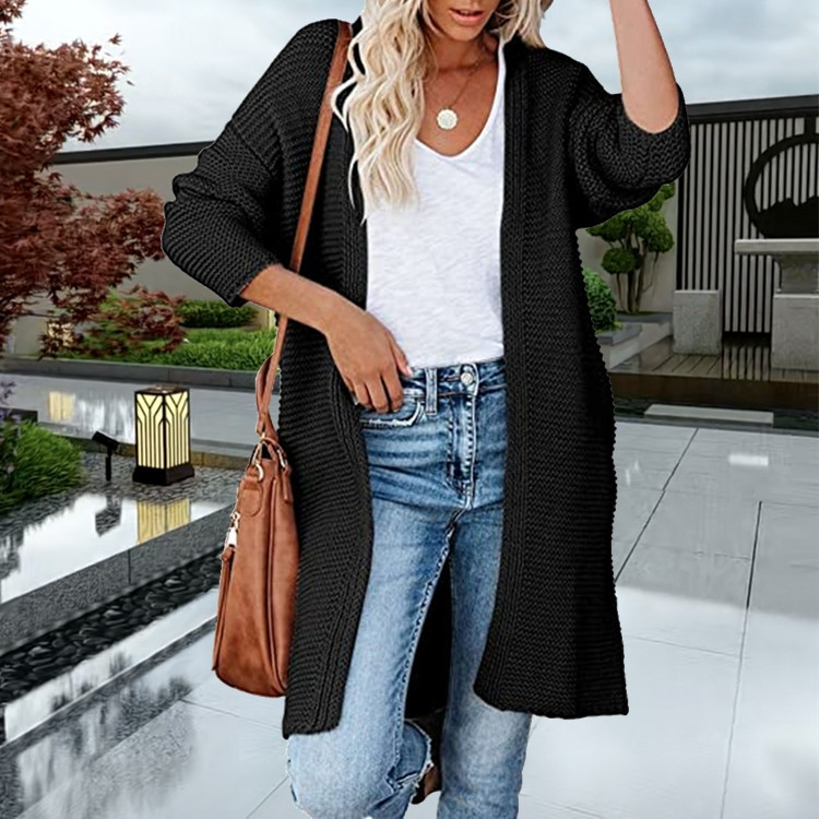 Damen-Strickjacke, lässiger einfarbiger Mantel, großer Pullovermantel_voghion.com