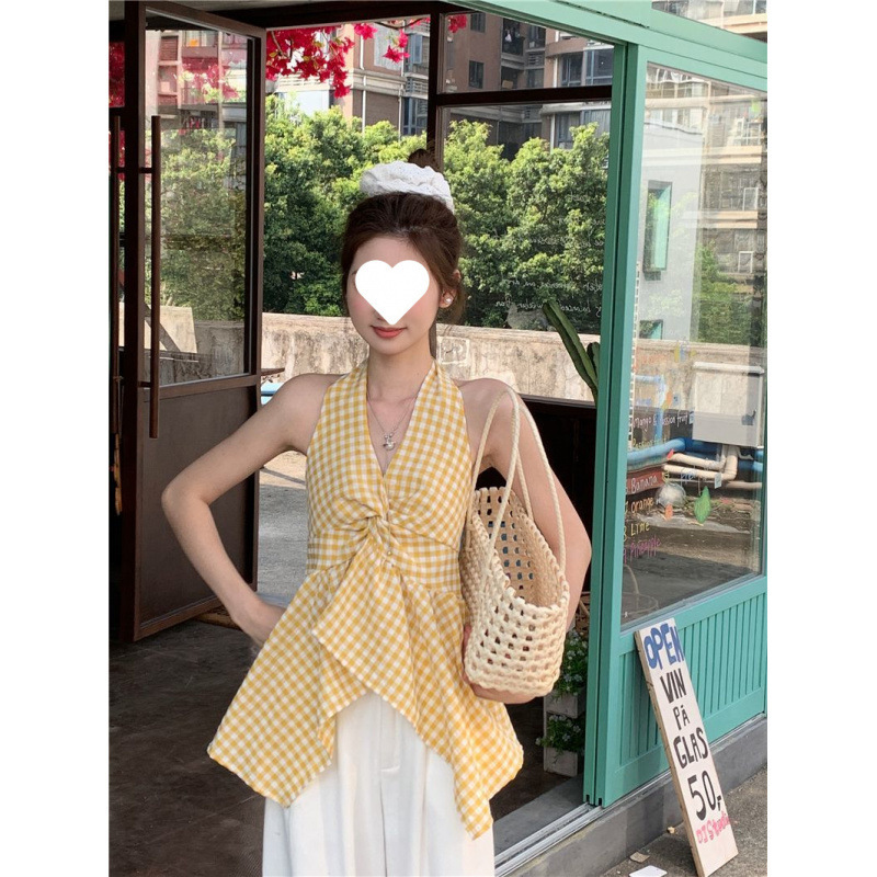 2025 New Design Chic Beautiful Back V Neck Sleeveless Plaid Shirt Summer Waist Non-Standard Shirt Top for Women