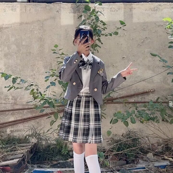 원래 벤조 JK 유니폼 세트 재킷 여자 학교 가을 및 겨울 대학 스타일 작은 회색 세트 세트