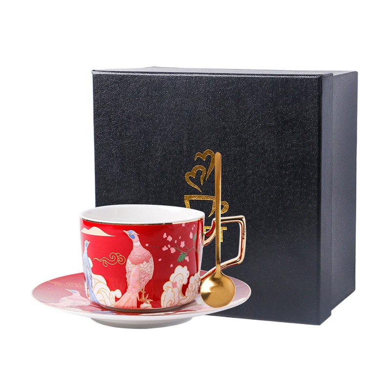 Estilo de moda Nacional de cerámica nuevo chino taza de café y platillo traje tarde taza de té con cuchara y platillo caja de regalo