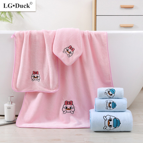 New coral velvet bath towels set of 3 with embroidery cartoon duck, thickened children's cute face towels