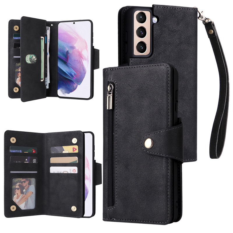 For Samsung s21plus rivet wallet phone case s21plus zipper leather case S21 lanyard phone case