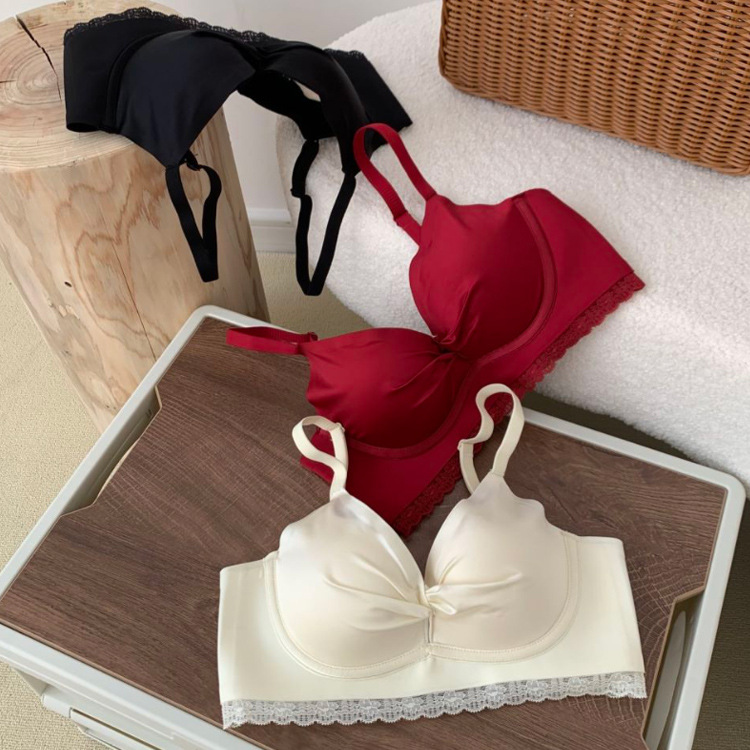 Nuevo retro Satén de encaje látex inconsútil mantenimiento ropa interior traje pequeño pecho medio grueso soporte superior empuja hacia arriba el sujetador 3919