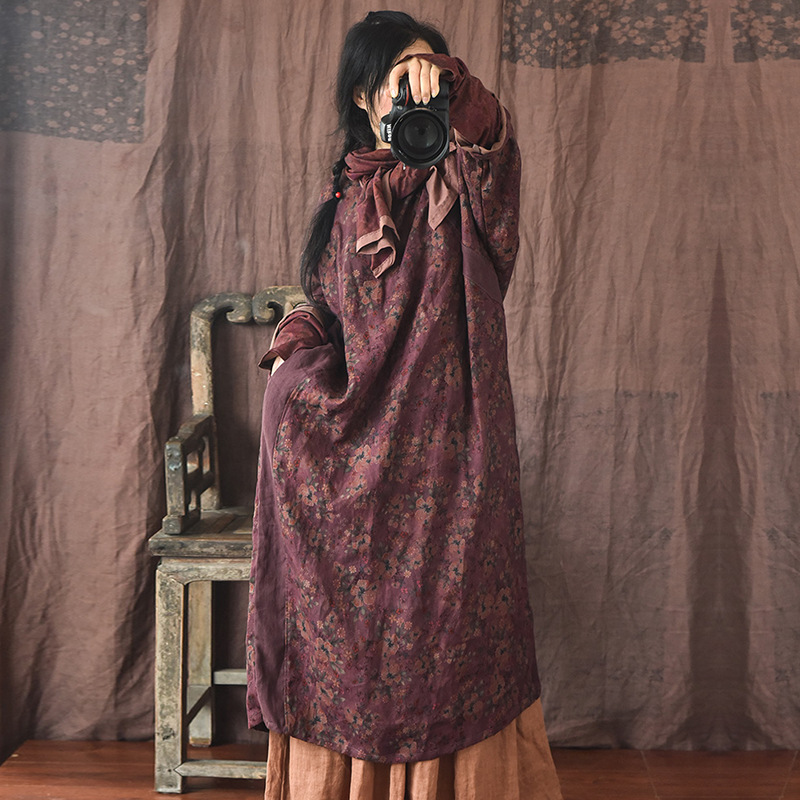 Wina/21 autumn original loose large robe sand wash distressed diagonal buckle linen fashionable color dress