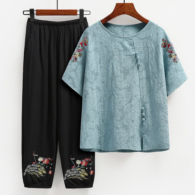 Middle-Aged and Elderly Summer Suits, Cotton and Linen Short-Sleeved Fashionable Grandma Summer Embroidered T-Shirt Tops, Elderly Mother's Clothes