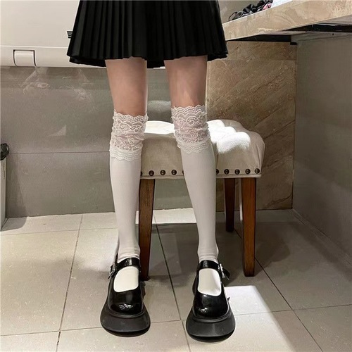 White lace lolita calf socks jk socks women's mid-calf long lace Japanese white stockings half-leg lolita