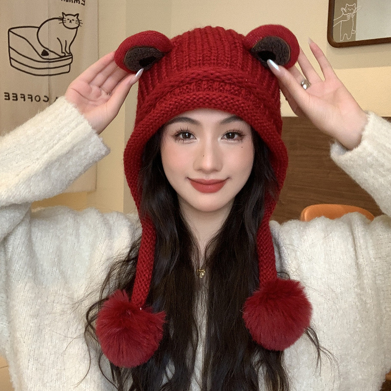 Cute Cartoon Frog Wool Hat Student Fur Ball Knitted Hat Women's Creative Winter fleece-lined Warm Hat Ear Protection Hat Cute Cartoon Frog Wool Hat Student Fur Ball Knitted Hat Women's Creative Winter fleece-lined Warm Hat Ear Protection Hat