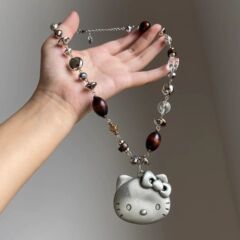 中古小众银色Kitty猫串珠绳长款项链女可爱轻奢挂脖毛衣链设计感