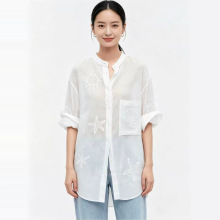 E*女装商场同款2026夏季新品海岛系列绣花轻薄透感宽松立领衬衫