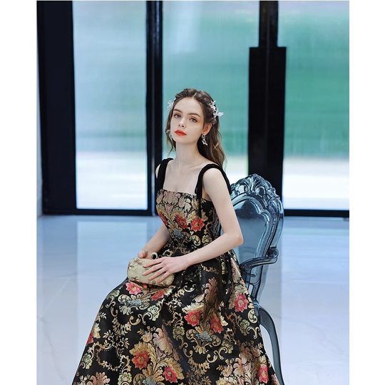 Black Birthday Party Dress Classical Style Stage Performance Host Wedding Dress Evening Dress Bride Toasting Dress Autumn