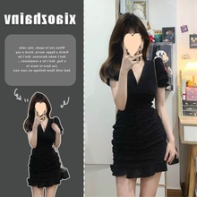 黑色领泡泡袖连衣裙女夏季小众独特设计高级感鱼尾裙子韩系风格