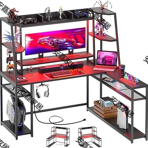L-shaped game table (with storage cabinet with charging station with LED light with shelf)