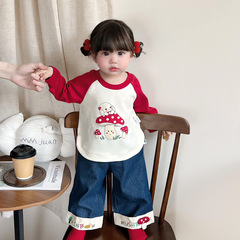2025女の子かわいい肩袖tシャツ春の赤ちゃんゆるい上着5080赤ちゃん春秋長袖シャツ