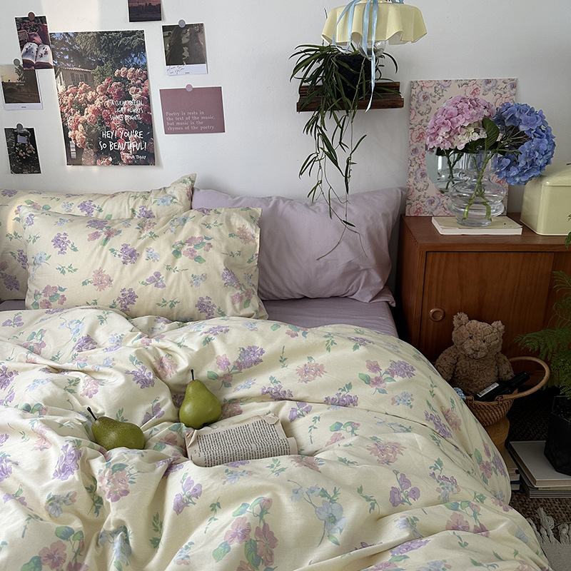 French Cream Pastoral Style Girly Heart 40-Count Cotton Bedding Four-Piece Set Quilt Cover Bed Sheetss Four-Season Bedding