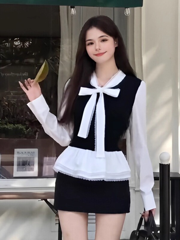 法式气质撞色蝴蝶结系带衬衫女装秋季新款高腰包臀裙绝美两件套|undefined