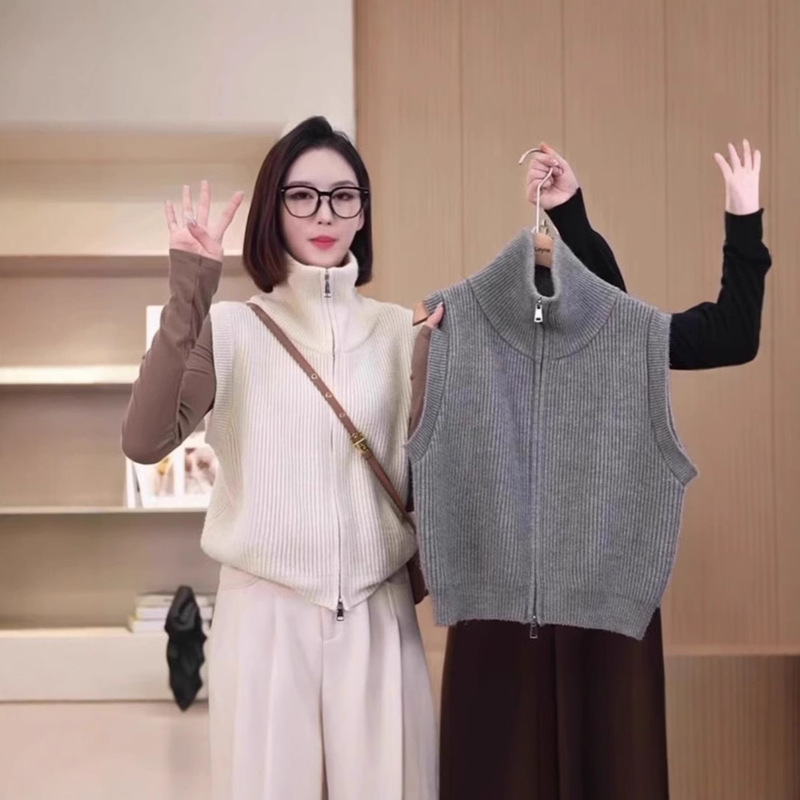 Knitted waistcoat high collar double zipper comfortable simple early autumn new temperament all-match slimming base shirt vest top