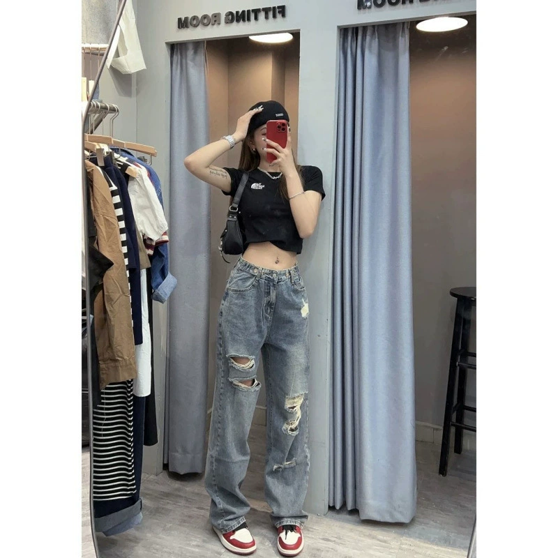 Женские рваные джинсы с высокой талией, новинка 2025 года, свободные прямые брюки большого размера, миниатюрные узкие широкие брюки