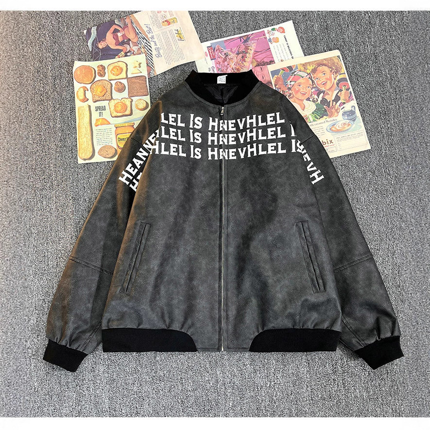 Cuello de béisbol chaqueta de cuero PU hombre primavera y otoño nuevo estilo americano letras de la calle alta impresa con chaqueta suelta
