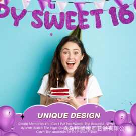 happy sweet 16适用于16岁生日派对闪亮拉旗横幅装饰生日主题横幅