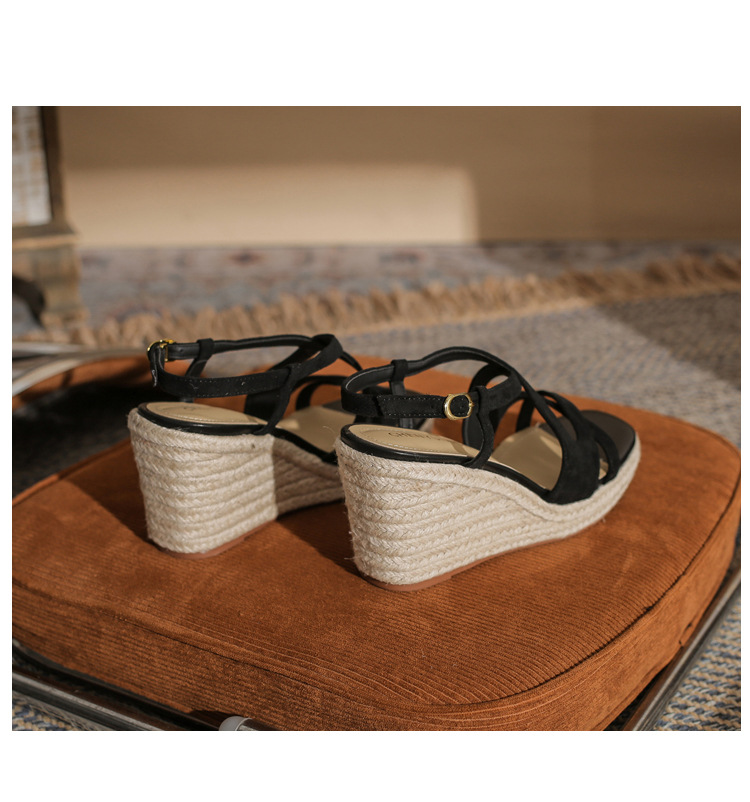 Sandal cao gót nữ hở mũi đế xuồng bọc dây thừng MJ90111 — màu đen chi tiết 24