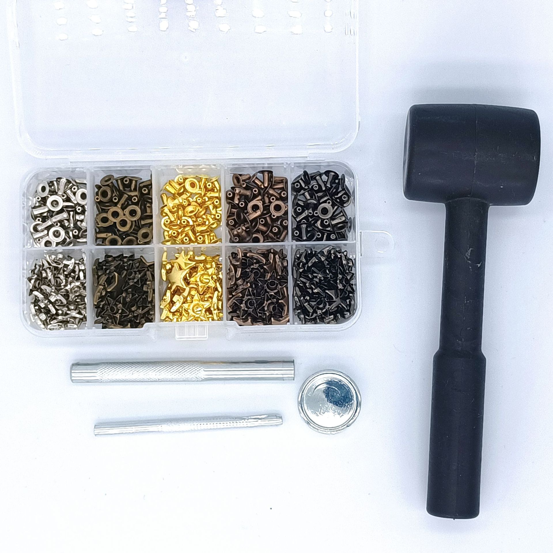 跨境现货 200套单面五角星星铆钉套装含安装工具塑胶锤子盒装