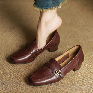 Size size refundable full-textured cowhide loafers 2025 spring thick mid-heel round-toe leather deep-mouth single-layer shoes for women