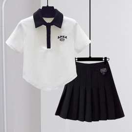 女童夏季装纯棉短袖T恤套装中大童polo衫百褶裙学院风两件套