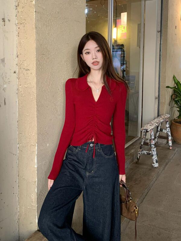 红色半开领抽绳针织衫女秋季短款设计感小众外穿修身显瘦毛衣上衣|undefined