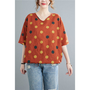 Plus Size Printed Bubble Cotton and Linen V-Neck Top Women's Summer New Loose Drawstring Belly-Covering Short-Sleeved T-Shirt