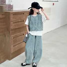 女童牛仔套装夏季2026新款洋气儿童短袖夏装女孩时髦阔腿裤三件套