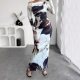 2025 Spring and Autumn New Cross-border European and American Shoulder Elegant Slim-fit Long Dress Flower Printed Shoulder Bag Hip dress