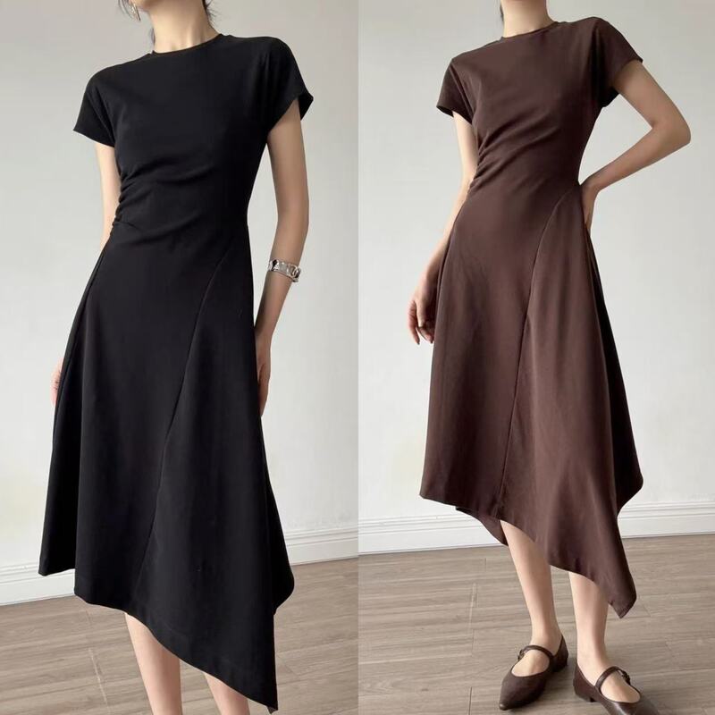 Irregular Hem Short-Sleeved Dress for Summer Commuting, Sister's High-End Waist Slimming and Versatile Mid-Length Skirt