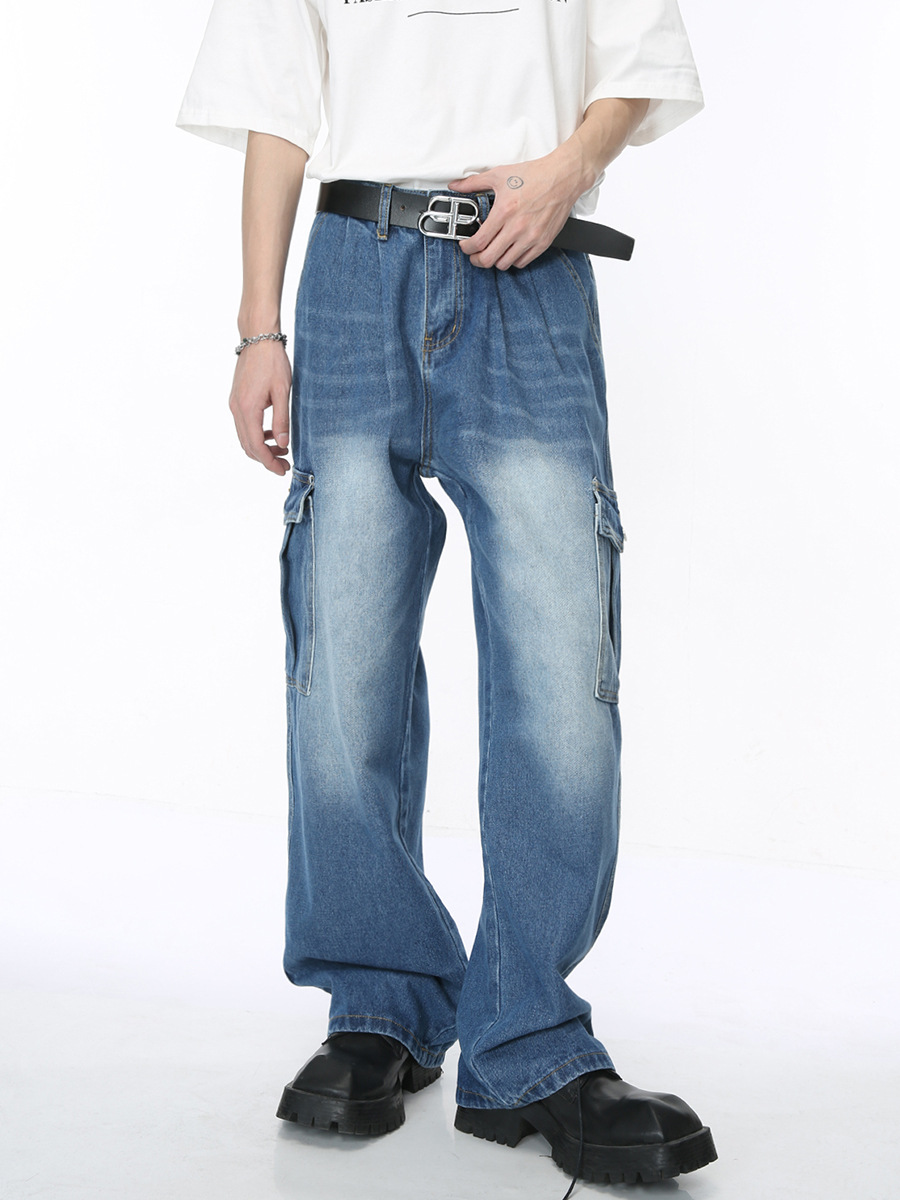 Mtlclothes ropa de Hombre | 2024 Four Seasons New American retro multi-Bolsillo suelto lavado jeans hombres