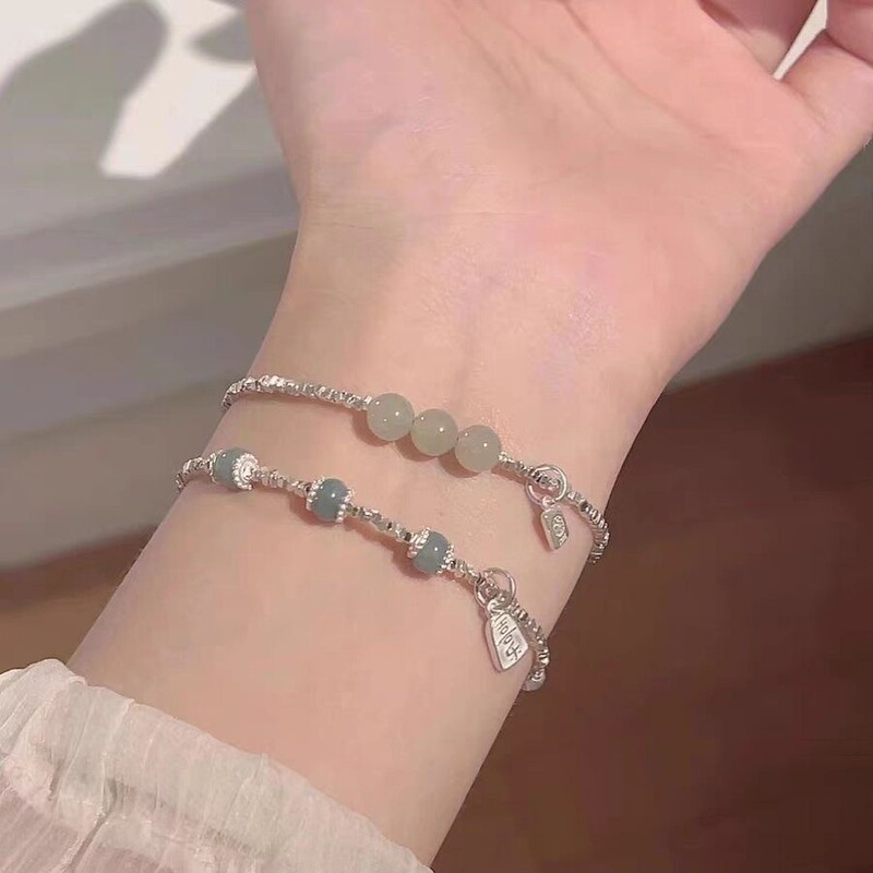New S925 Sterling Silver Blue Joy Jade Hetian Jade Broken Silver Bracelet Light Luxury Simple All-match Daily Girl Gift