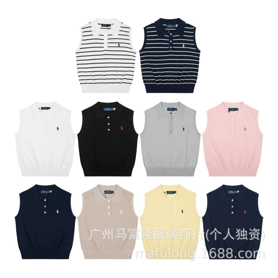 RL拉夫小马标POLO领背心针织马甲女款T恤无袖美式针织衫短款刺绣