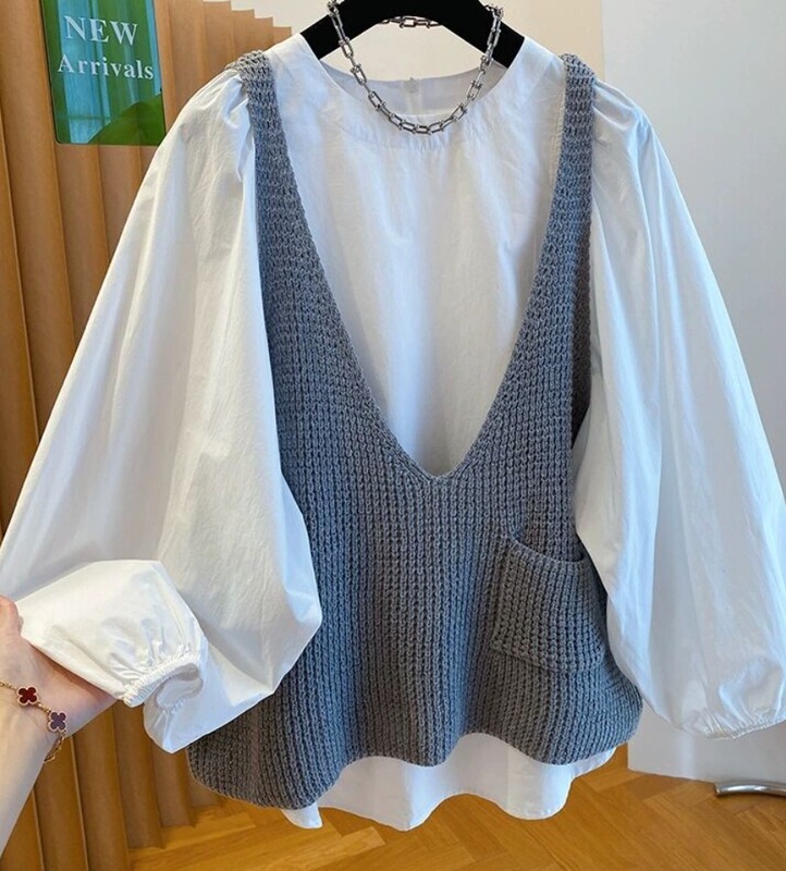 高级感针织背心衬衫两件套上衣女2025新款宽松百搭早秋氛围感套装|undefined