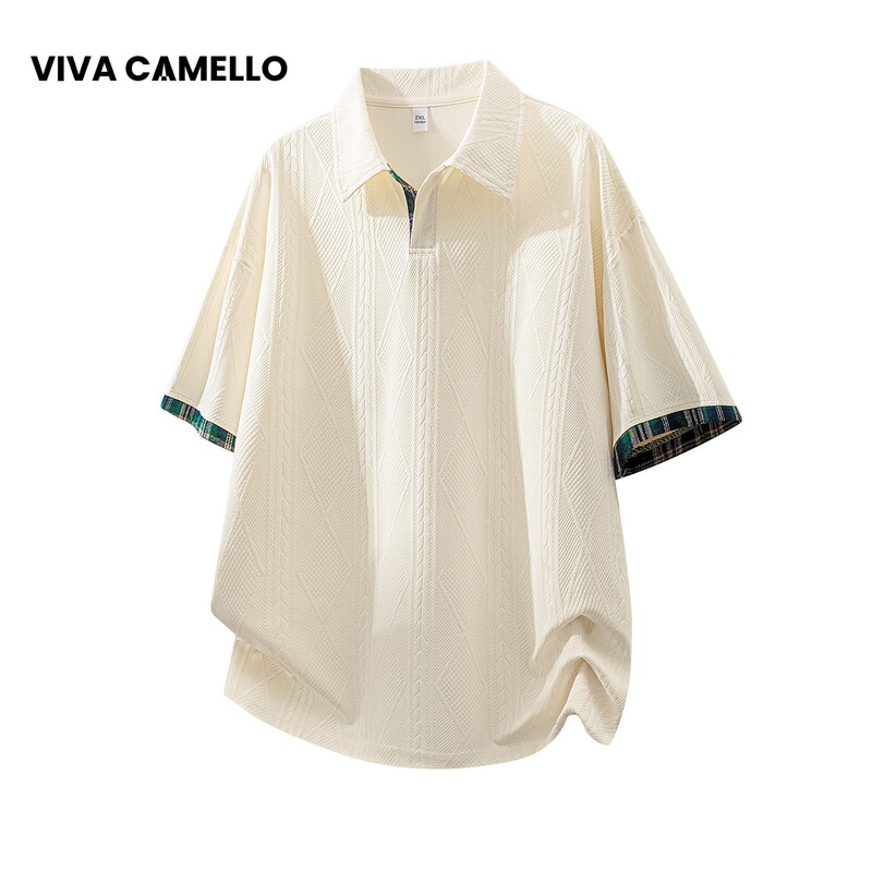 VIVA CAMELLO textured color-block short-sleeve polo shirt for men, summer high-end loose-fitting half-sleeve T-shirt top