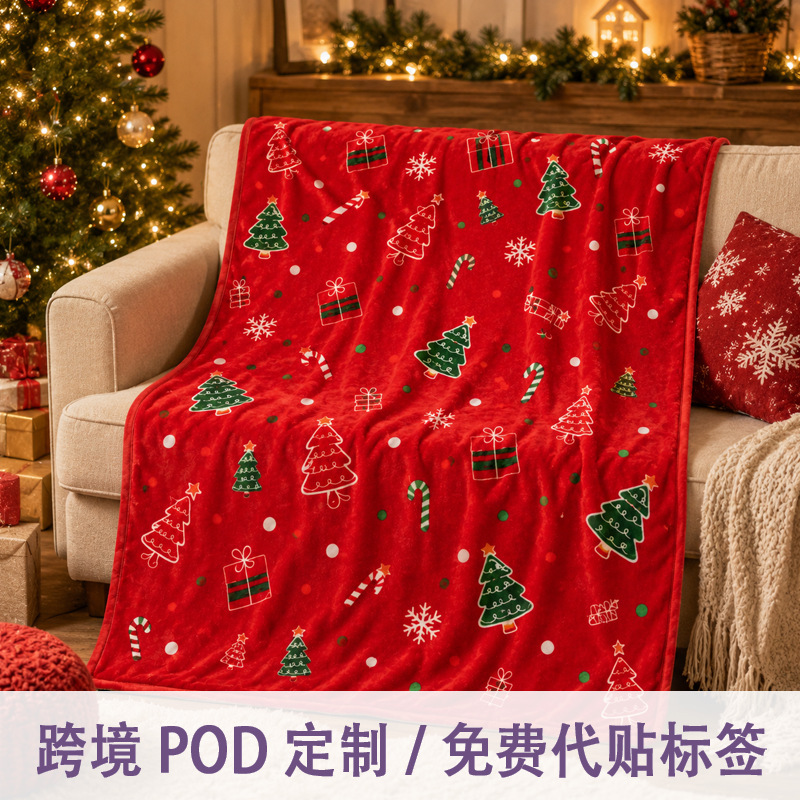 红色底圣诞树印花法兰绒毛毯节日氛围沙发盖毯跨境货源一件代发