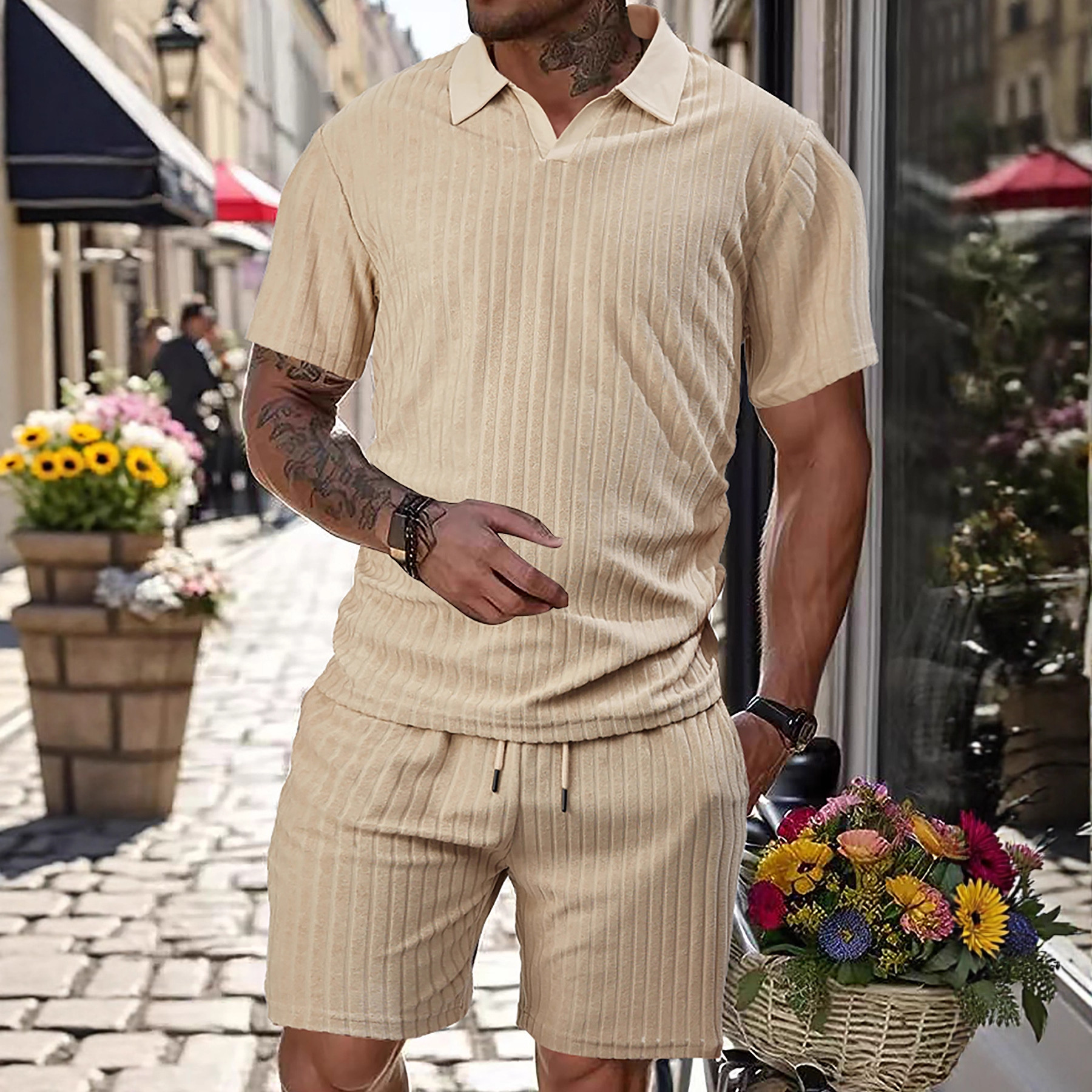 Nuevo transfronterizo de Europa y Estados Unidos para hombres verano nuevo tipo de piel transpirable tela jacquard rectas con solapa juego deportivo casual