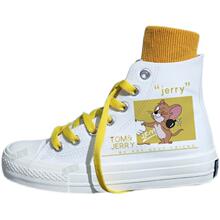 2021冬季新款猫和老鼠高帮帆布女加绒加厚纯白鞋学生可爱运动板鞋