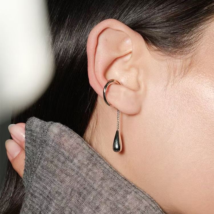 Water Drop Pendant Tassel Chain Cut Out Pierced Ear Clip Accessible Luxury High-End Simple Long Earrings Jewelry for Women