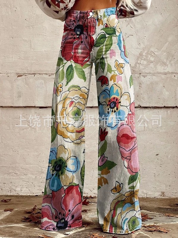 跨境欧美独立站爆款数码印花假牛仔女士阔腿裤 女士喇叭修身长裤|undefined