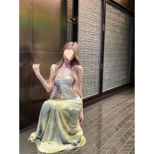 Vintage Tie-Dye Sexy Strappy Dress for Women Summer Beach Vacation Long Dress Elegant Waist Cinching Slimming Bustier Skirt
